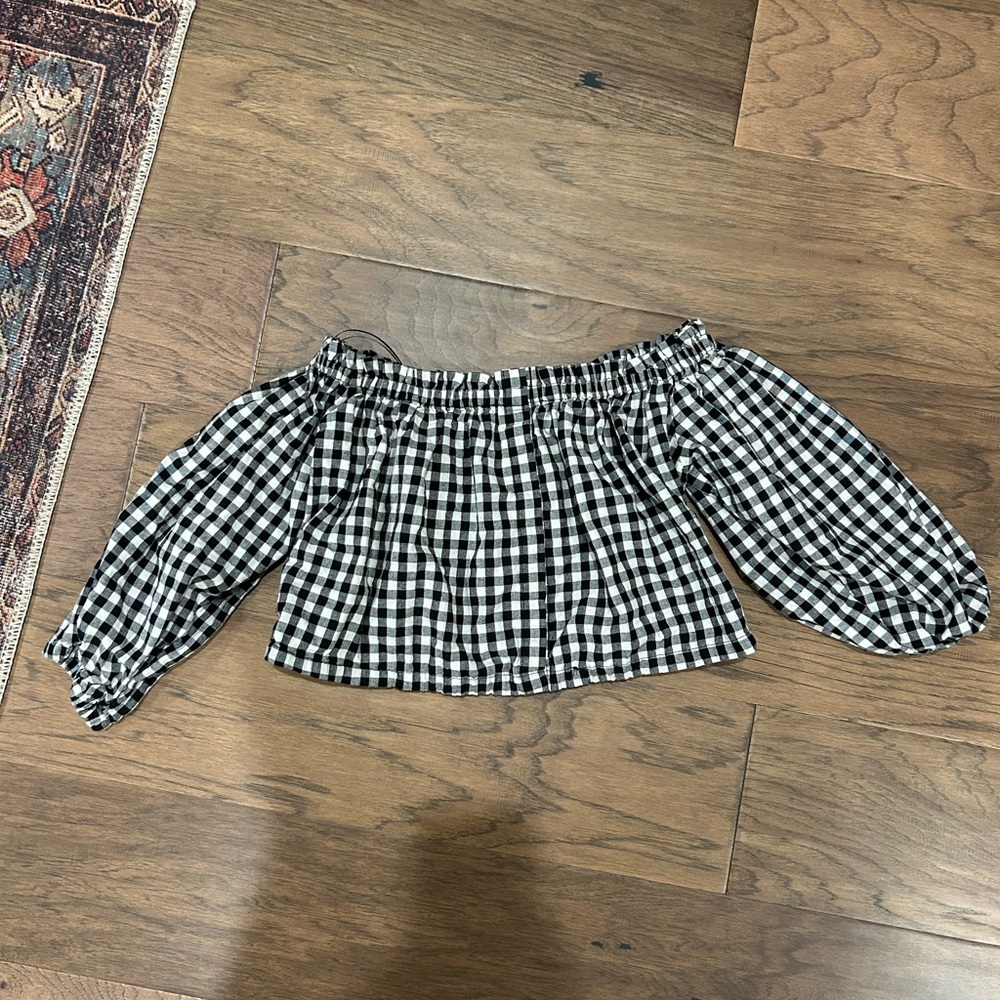 Off Shoulder Gingham Cropped Shirt - image 1